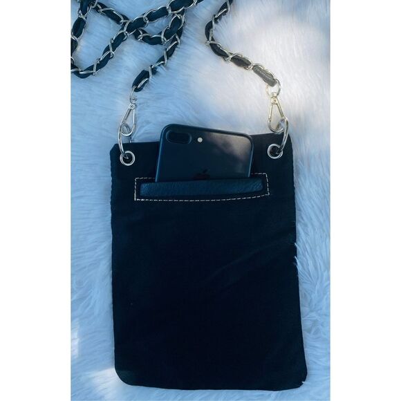 NWOT PG Collection Black Canvas/Leather “Boots And Bling” Crossbody Cell Phone P - Picture 6 of 8